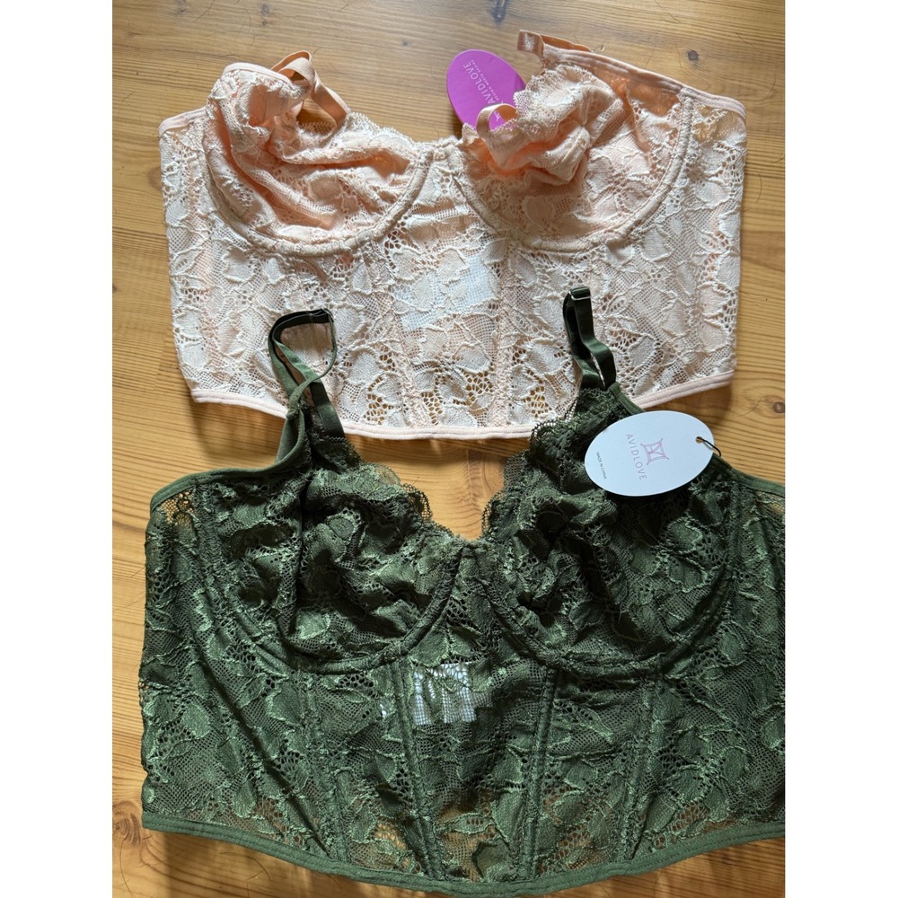 Avidlove Lace Corset Tops Olive Green Peach Bustier Underwire Crop L/M NWT